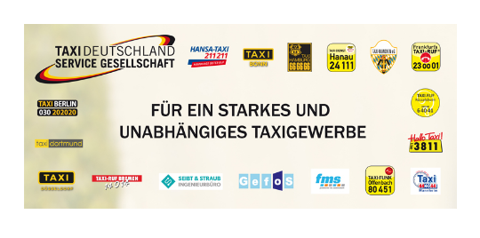 Banner mit Logos beteiligter Taxiunternehmen der Taxi Deutschland Service Gesellschaft